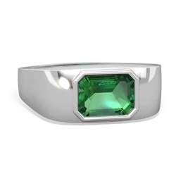 Lab Emerald Men's Emerald-Cut Bezel 14K White Gold ring R0410