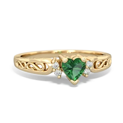 Lab Emerald Filligree Scroll Heart 14K Yellow Gold ring R2429