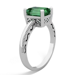 Lab Emerald Milgrain Scroll 14K White Gold ring R2338