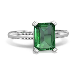 Lab Emerald Milgrain Scroll 14K White Gold ring R2338