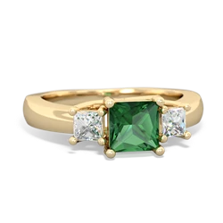 Lab Emerald Three Stone Trellis 14K Yellow Gold ring R4015