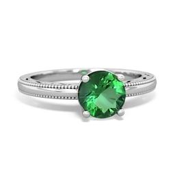 Lab Emerald Milgrain Filigree 14K White Gold ring R5090