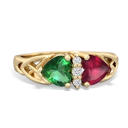 Lab Emerald Celtic Knot Double Heart 14K Yellow Gold ring R5040