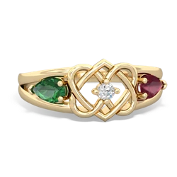 Lab Emerald Hearts Intertwined 14K Yellow Gold ring R5880