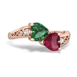 Lab Emerald Snuggling Hearts 14K Rose Gold ring R2178