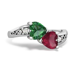 Lab Emerald Snuggling Hearts 14K White Gold ring R2178