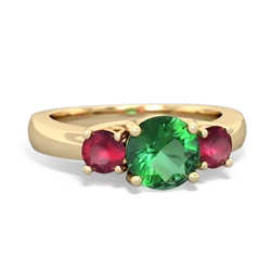 Lab Emerald Three Stone Round Trellis 14K Yellow Gold ring R4018