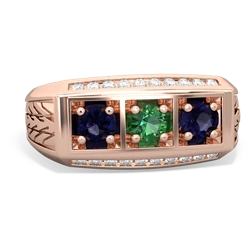 Lab Emerald Three Stone Tire Tread Men's 14K Rose Gold ring R0520