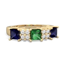 Lab Emerald Three Stone Diamond Cluster 14K Yellow Gold ring R2592