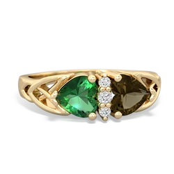 Lab Emerald Celtic Knot Double Heart 14K Yellow Gold ring R5040