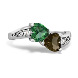 Lab Emerald Snuggling Hearts 14K White Gold ring R2178