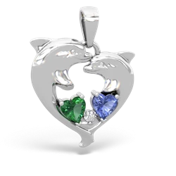 Lab Emerald Dolphin Heart 14K White Gold pendant P5820