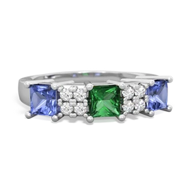 Lab Emerald Three Stone Diamond Cluster 14K White Gold ring R2592