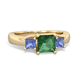 Lab Emerald Three Stone Trellis 14K Yellow Gold ring R4015