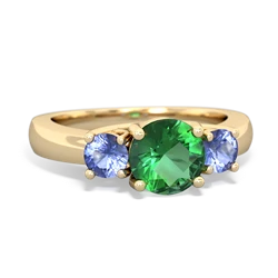 Lab Emerald Three Stone Round Trellis 14K Yellow Gold ring R4018