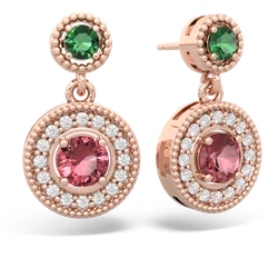 Lab Emerald Halo Dangle 14K Rose Gold earrings E5319