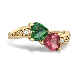 Lab Emerald Snuggling Hearts 14K Yellow Gold ring R2178