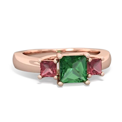 Lab Emerald Three Stone Trellis 14K Rose Gold ring R4015