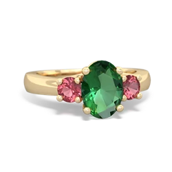 Lab Emerald Three Stone Oval Trellis 14K Yellow Gold ring R4024