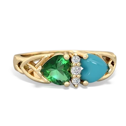 Lab Emerald Celtic Knot Double Heart 14K Yellow Gold ring R5040