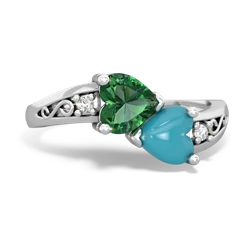 Lab Emerald Snuggling Hearts 14K White Gold ring R2178