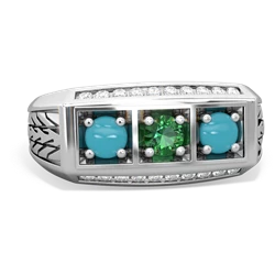 Lab Emerald Three Stone Tire Tread Men's 14K White Gold ring R0520