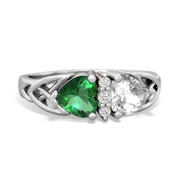 Lab Emerald Celtic Knot Double Heart 14K White Gold ring R5040