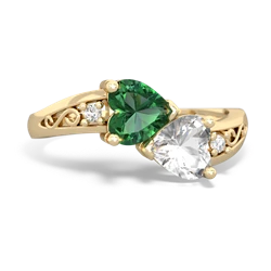 Lab Emerald Snuggling Hearts 14K Yellow Gold ring R2178