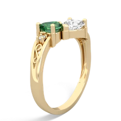 Lab Emerald Snuggling Hearts 14K Yellow Gold ring R2178