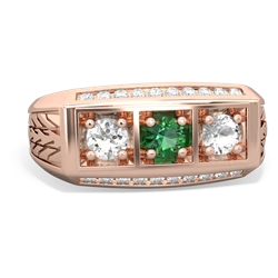 Lab Emerald Three Stone Tire Tread Men's 14K Rose Gold ring R0520