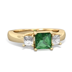 Lab Emerald Three Stone Trellis 14K Yellow Gold ring R4015