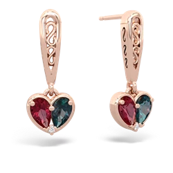 Lab Ruby Filligree Heart 14K Rose Gold earrings E5070