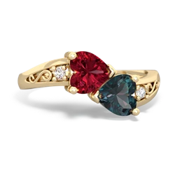 Lab Ruby Snuggling Hearts 14K Yellow Gold ring R2178