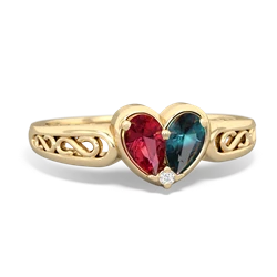 Lab Ruby Filligree 'One Heart' 14K Yellow Gold ring R5070