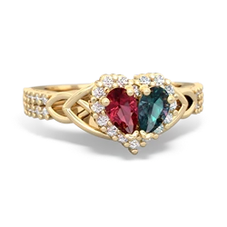 Lab Ruby Celtic Knot Two Hearts As One 14K Yellow Gold ring R2644HRT