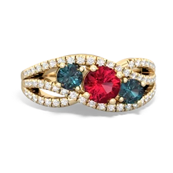 Lab Ruby Three Stone Aurora 14K Yellow Gold ring R3080