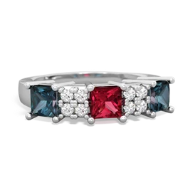 Lab Ruby Three Stone Diamond Cluster 14K White Gold ring R2592