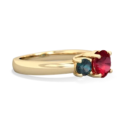 Lab Ruby Three Stone Round Trellis 14K Yellow Gold ring R4018