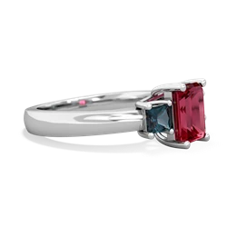 Lab Ruby Three Stone Emerald-Cut Trellis 14K White Gold ring R4021