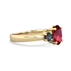 Lab Ruby Three Stone Oval Trellis 14K Yellow Gold ring R4024