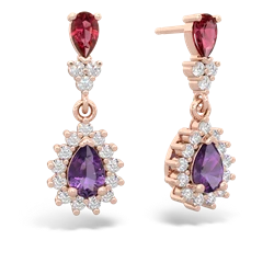 Lab Ruby Halo Pear Dangle 14K Rose Gold earrings E1882