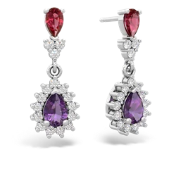 Lab Ruby Halo Pear Dangle 14K White Gold earrings E1882