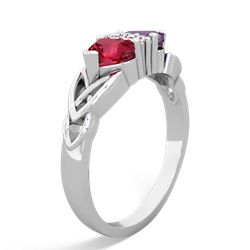 Lab Ruby Celtic Knot Double Heart 14K White Gold ring R5040