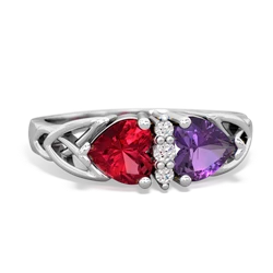 Lab Ruby Celtic Knot Double Heart 14K White Gold ring R5040