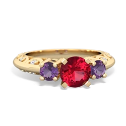 Lab Ruby Art Deco Eternal Embrace Engagement 14K Yellow Gold ring C2003