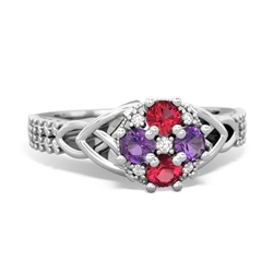 Lab Ruby Celtic Knot Cluster Engagement 14K White Gold ring R26443RD