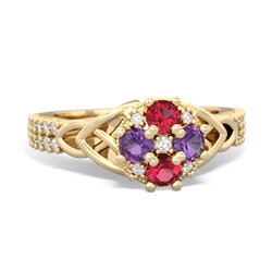 Lab Ruby Celtic Knot Cluster Engagement 14K Yellow Gold ring R26443RD