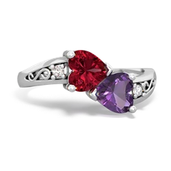 Lab Ruby Snuggling Hearts 14K White Gold ring R2178
