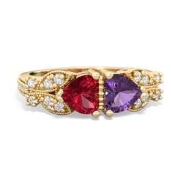 Lab Ruby Diamond Butterflies 14K Yellow Gold ring R5601