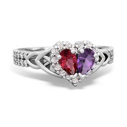 Lab Ruby Celtic Knot Two Hearts As One 14K White Gold ring R2644HRT